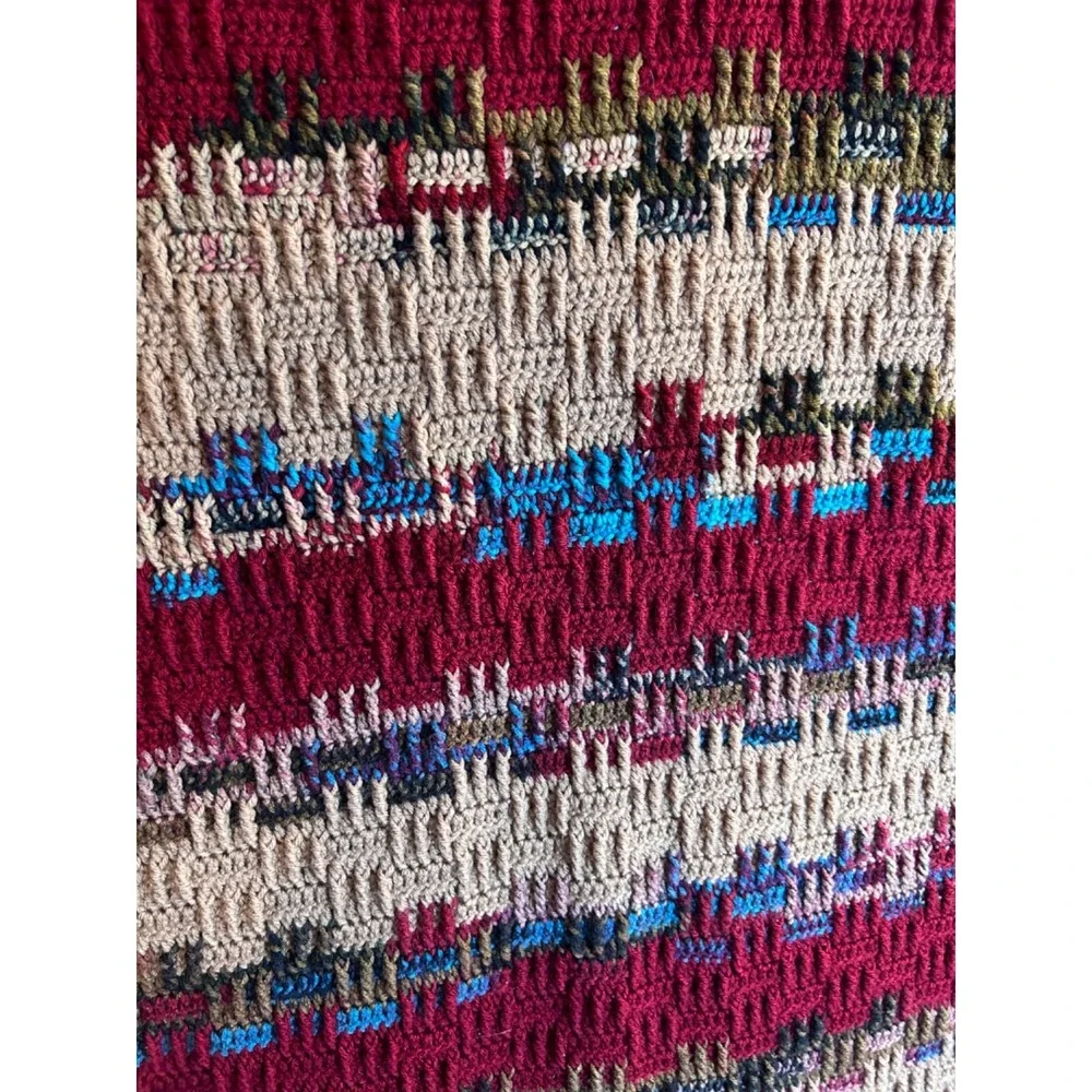 Handmade Crochet Burgundy Teal Taupe Throw Afghan Blanket Stripe Geo 33